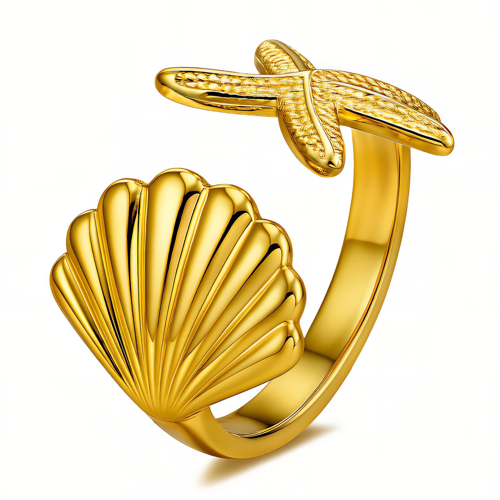 Starfish And Seashell Ring, 18K Gold Plated