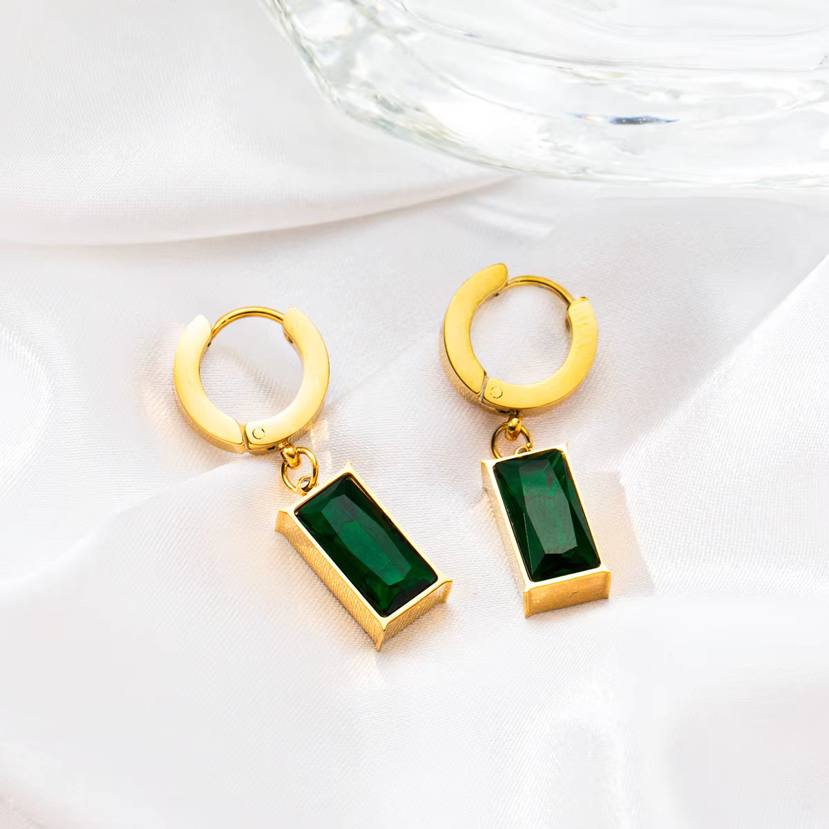 Emerald Drop Earrings, 18K Gold Plated